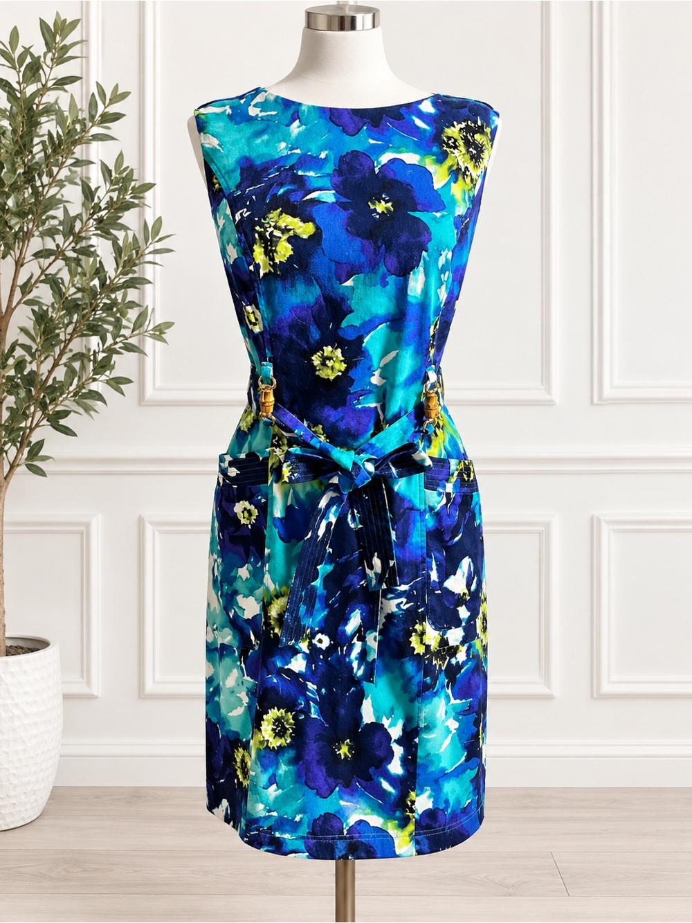 Ellen Tracy Blue & Teal Floral Tie-Waist Midi Dress